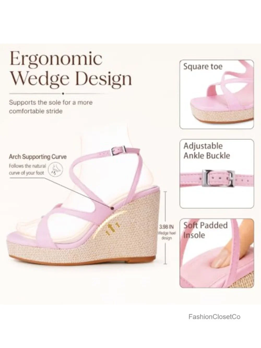 Raffia Wedge Sandals with Ankle Strap, Platform, Cushioned Footbed